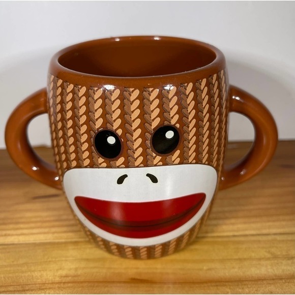 Galerie Sock Monkey Brown Double Handle 16oz. Coffee Cup Mug Duel Handle - Picture 1 of 7